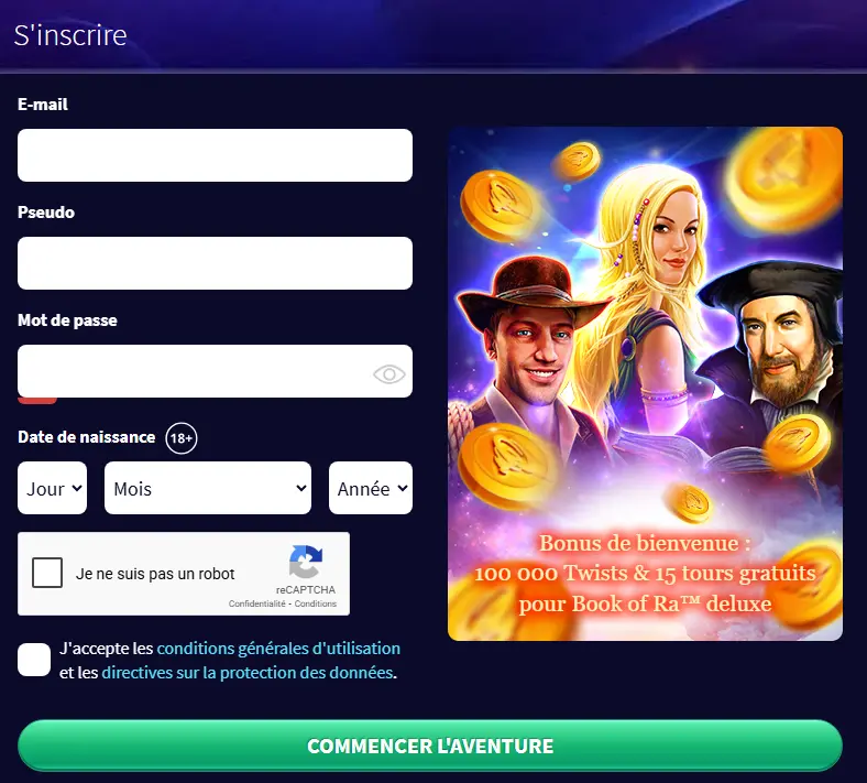 Formulaire d’inscription – création de compte joueur avec e-mail et mot de passe